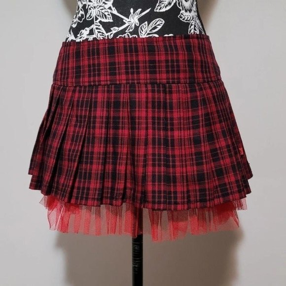 Tripp Royal Bones Plaid Mini Skirt Tulle tutu pleated red black y2k goth l - Picture 3 of 11